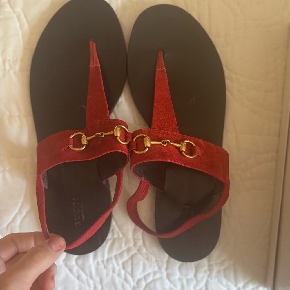 Gucci Burnt Orange Sandals with Classic Gold Horse Bit Embellishments